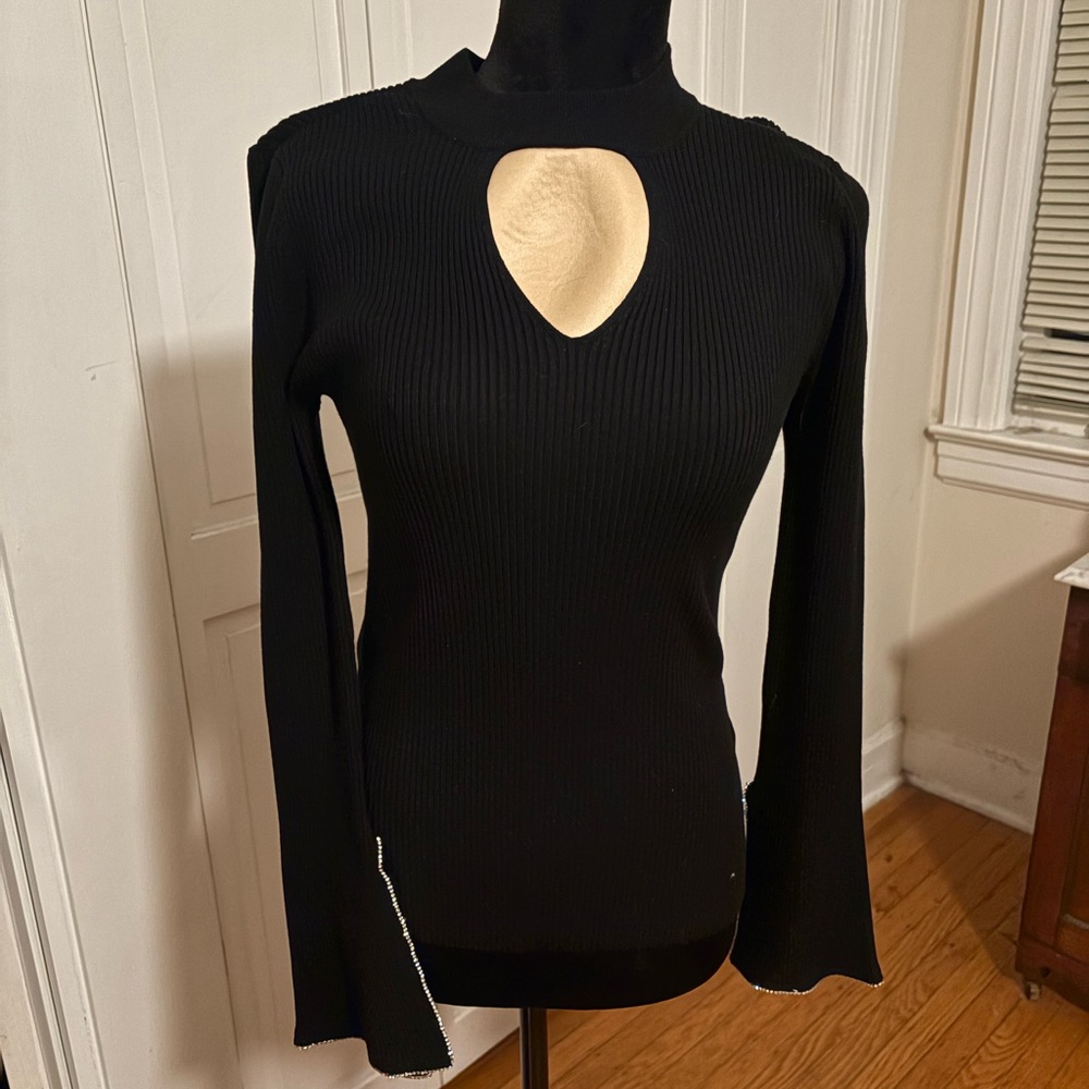 INC Black Ribbed Keyhole Sweater | Rhinestone Bell Sleeves | M